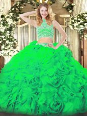 Colorful Green Sleeveless Beading and Ruffles Floor Length Ball Gown Prom Dress