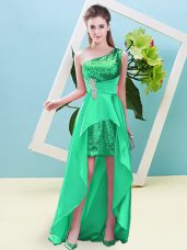 Excellent High Low Turquoise Prom Dress One Shoulder Sleeveless Lace Up