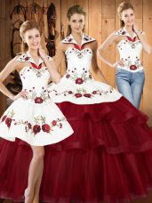 Wine Red Sleeveless With Train Embroidery and Ruffled Layers Lace Up Ball Gown Prom Dress