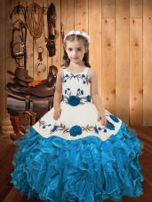 Cute Baby Blue Organza Lace Up Straps Sleeveless Floor Length Custom Made Embroidery and Ruffles