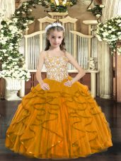 Straps Sleeveless Party Dress for Girls Floor Length Beading and Ruffles Orange Tulle