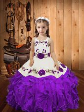 Sleeveless Floor Length Embroidery and Ruffles Lace Up Womens Party Dresses with Eggplant Purple