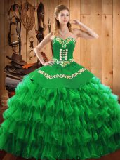 Green Quinceanera Dress Military Ball and Sweet 16 and Quinceanera with Embroidery and Ruffled Layers Sweetheart Sleeveless Lace Up