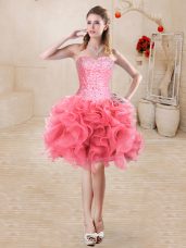 Glamorous Watermelon Red Sleeveless Beading and Ruffles Mini Length Evening Dress