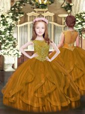 Low Price Brown Ball Gowns Scoop Sleeveless Tulle Floor Length Zipper Beading and Ruffles Little Girls Pageant Gowns