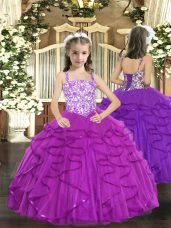 Cute Purple Tulle Lace Up Pageant Gowns For Girls Sleeveless Floor Length Beading and Ruffles