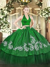On Sale Floor Length Green Quinceanera Dresses Halter Top Sleeveless Zipper