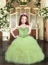 Perfect Yellow Green Child Pageant Dress Party and Quinceanera with Beading and Ruffles and Pick Ups Spaghetti Straps Sleeveless Lace Up