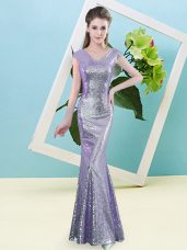 Floor Length Lavender Dress for Prom Sequined Cap Sleeves Sequins