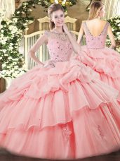 Customized Baby Pink Sleeveless Beading and Ruffles and Pick Ups Floor Length Sweet 16 Dresses