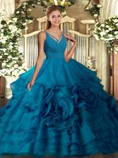 Pretty Blue Sleeveless Fabric With Rolling Flowers Backless Sweet 16 Dress for Military Ball and Sweet 16 and Quinceanera