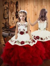 Charming Satin and Tulle Straps Sleeveless Lace Up Embroidery and Ruffles Casual Dresses in Wine Red