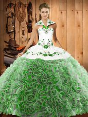 Organza and Fabric With Rolling Flowers Halter Top Sleeveless Sweep Train Lace Up Embroidery Quince Ball Gowns in Multi-color