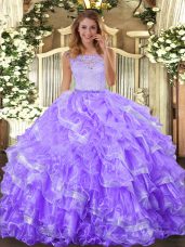Luxurious Lavender Clasp Handle Scoop Lace and Ruffled Layers 15th Birthday Dress Organza Sleeveless