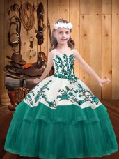 Custom Fit Turquoise Straps Lace Up Embroidery Little Girl Pageant Dress Sleeveless
