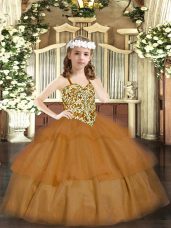 Brown Casual Dresses Party and Quinceanera with Beading and Ruffled Layers Straps Sleeveless Lace Up