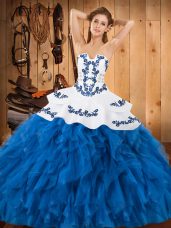 Blue And White Ball Gowns Embroidery and Ruffles Quince Ball Gowns Lace Up Satin and Organza Sleeveless Floor Length