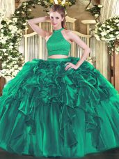 Classical Beading and Ruffles Quinceanera Dress Turquoise Backless Sleeveless Floor Length