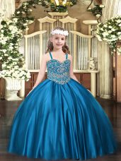 Blue Lace Up Party Dress for Toddlers Beading Sleeveless Floor Length
