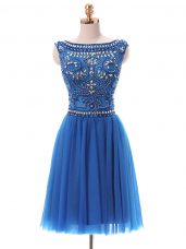 Charming Sleeveless Tulle Mini Length Zipper Evening Dress in Blue with Beading