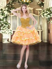 Peach Sleeveless Beading and Ruffled Layers Mini Length Prom Gown