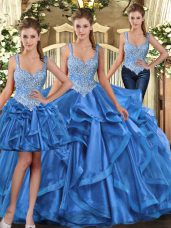 Blue Straps Neckline Beading and Ruffles Sweet 16 Dresses Sleeveless Lace Up