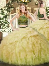 Sophisticated Organza Halter Top Sleeveless Zipper Beading and Ruffles Quinceanera Dresses in Yellow Green