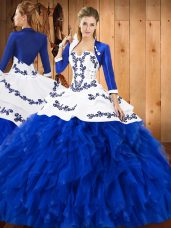Blue And White Ball Gowns Embroidery and Ruffles 15th Birthday Dress Lace Up Satin and Organza Sleeveless Floor Length