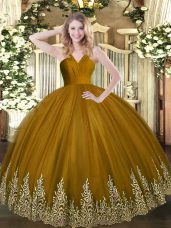 Fancy Brown Sleeveless Appliques Floor Length Quinceanera Dress