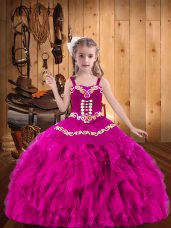 Fuchsia Lace Up Little Girls Pageant Dress Wholesale Embroidery and Ruffles Sleeveless Floor Length