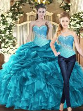 Captivating Aqua Blue Ball Gowns Tulle Sweetheart Sleeveless Beading and Ruffles Floor Length Lace Up Ball Gown Prom Dress