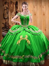 Green Ball Gowns Satin and Organza Off The Shoulder Sleeveless Beading and Embroidery Floor Length Lace Up Sweet 16 Quinceanera Dress