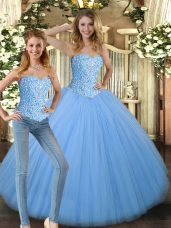 Luxurious Baby Blue Sleeveless Tulle Lace Up Quinceanera Gowns for Military Ball and Sweet 16 and Quinceanera