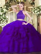Decent Purple Two Pieces Halter Top Sleeveless Tulle Floor Length Backless Beading and Ruffles 15 Quinceanera Dress