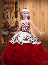 Red Straps Neckline Embroidery and Ruffles Little Girl Pageant Dress Sleeveless Lace Up