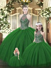 Suitable Dark Green Lace Up 15th Birthday Dress Beading Sleeveless Floor Length