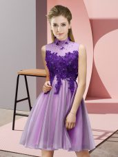 Lilac Dama Dress Prom and Party and Wedding Party with Appliques High-neck Sleeveless Lace Up