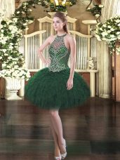Mini Length Dark Green Evening Dress Halter Top Sleeveless Lace Up