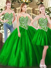 Green Tulle Lace Up 15th Birthday Dress Sleeveless Floor Length Beading