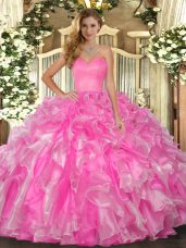 Captivating Rose Pink Sweetheart Neckline Beading and Ruffles Sweet 16 Dress Sleeveless Lace Up