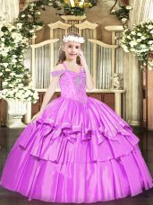 Lilac Off The Shoulder Lace Up Beading and Ruffled Layers Pageant Gowns For Girls Sleeveless
