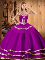 Floor Length Lace Up Quinceanera Gown Fuchsia for Military Ball and Sweet 16 and Quinceanera with Embroidery
