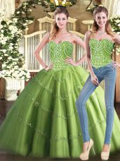 Shining Olive Green Sleeveless Beading Floor Length 15th Birthday Dress
