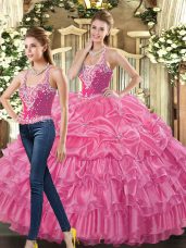 Hot Pink Ball Gowns Tulle Straps Sleeveless Beading and Ruffles and Pick Ups Floor Length Lace Up Quince Ball Gowns