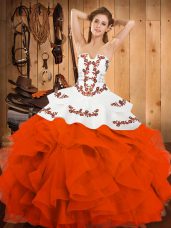 Artistic Sleeveless Floor Length Embroidery and Ruffles Lace Up Ball Gown Prom Dress with Orange Red