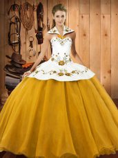 Ball Gowns Quinceanera Dress Gold Halter Top Satin and Tulle Sleeveless Floor Length Lace Up