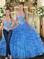 Aqua Blue Ball Gowns Straps Sleeveless Tulle Floor Length Lace Up Beading and Ruffles Quinceanera Gown