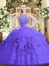 Purple Halter Top Neckline Beading and Ruffled Layers Quince Ball Gowns Sleeveless Zipper