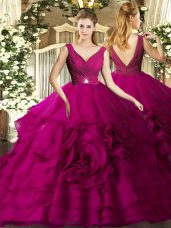 Fashion Fuchsia Backless Ball Gown Prom Dress Beading and Ruching Sleeveless Floor Length