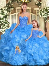 Adorable Floor Length Ball Gowns Sleeveless Baby Blue 15th Birthday Dress Lace Up